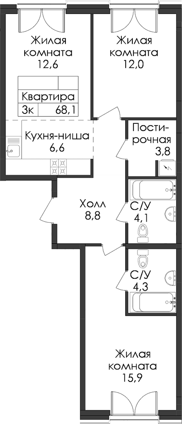 2-комнатная квартира 68.1 м², 5/9 эт., ЖК «Лермонтовский 54»